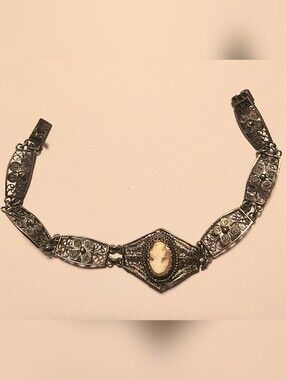 Vintage 800 Coin Silver European Filigree Carved Cameo Delicate Bracelet